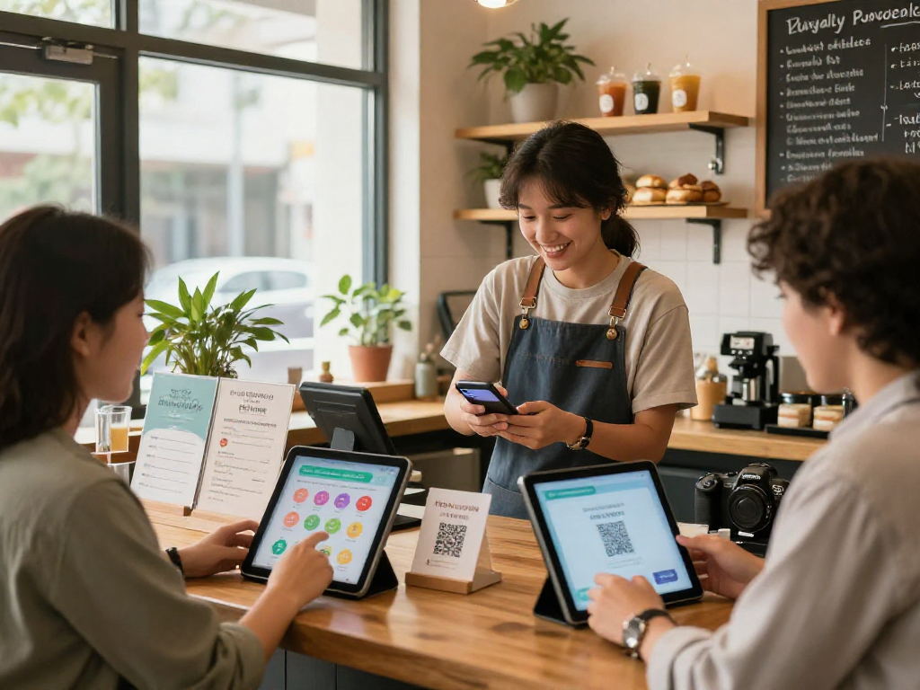 Engaging loyalty program experience in a café, showcasing QR code scanning for rewards, promoting community and customer loyalty.