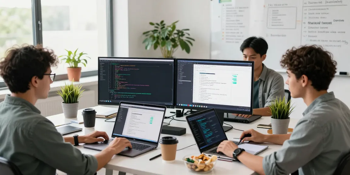 Collaborative frontend development with React in a vibrant workspace.