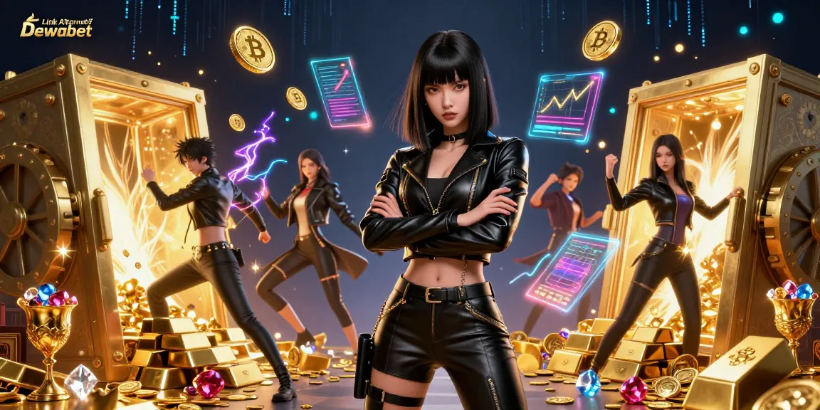 Bet with Link Alternatif Dewabet in a rich, vibrant casino scene full of treasures and dynamic energy.