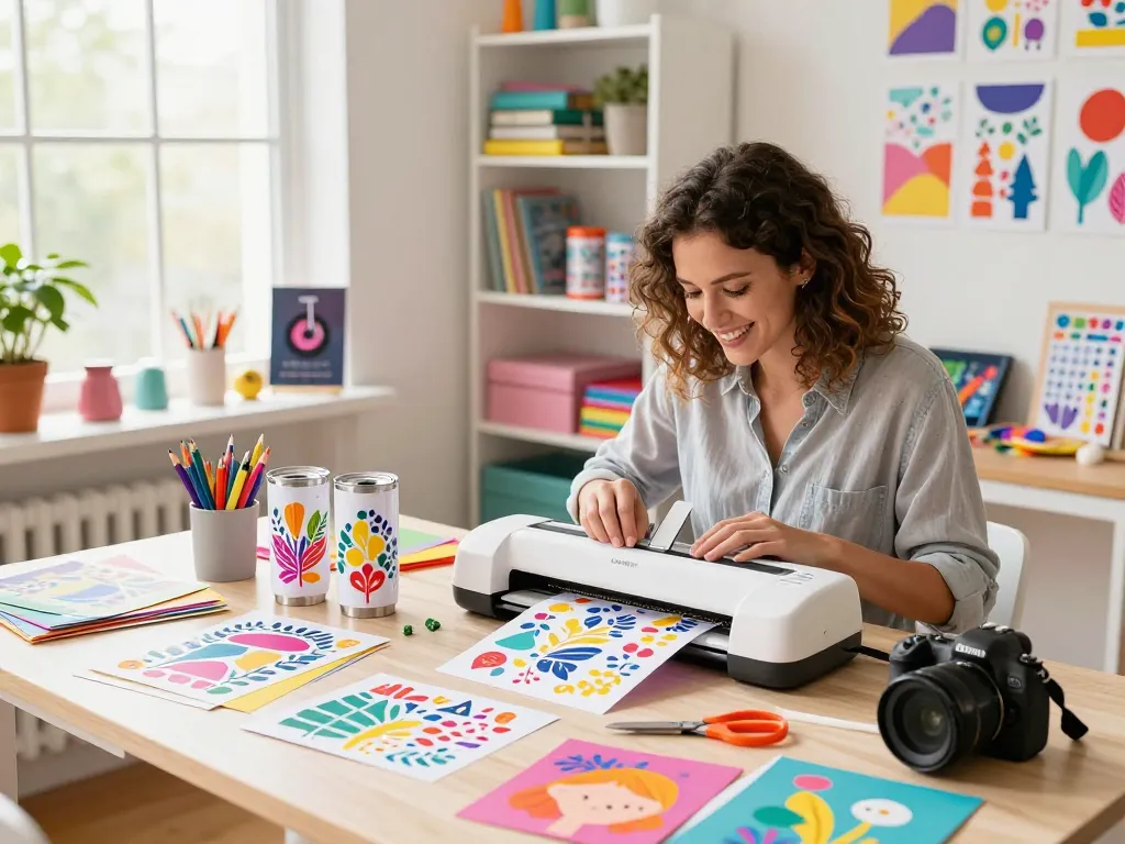 Crafting enthusiast using a cricut svg bundle to create vibrant tumbler designs.