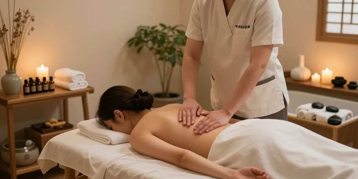 Relaxing Seoul출장안마 session in a tranquil wellness center with soft ambient lighting and soothing decor.