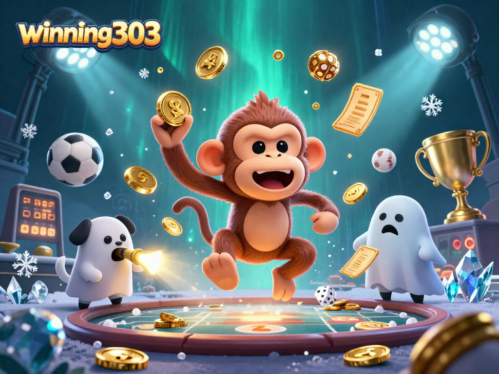 Winning303 showcases a mischievous monkey juggling golden casino elements with a curious puppy in a haunted casino scene.