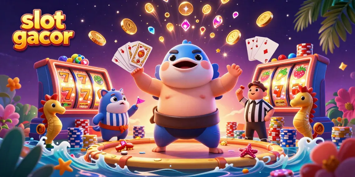 Experience the thrill of slot gacor with a dynamic illustration featuring playful characters in an underwater casino setting.