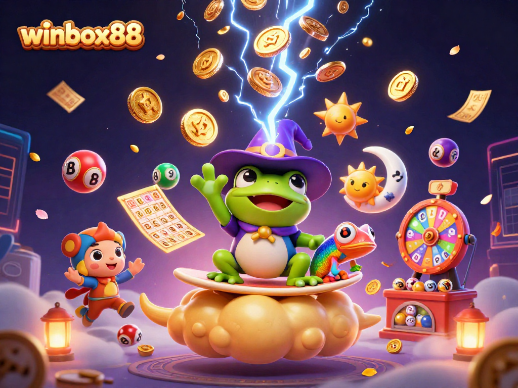 Experience the excitement of winbox88 with a vibrant 3D illustration showcasing lottery and casino elements.