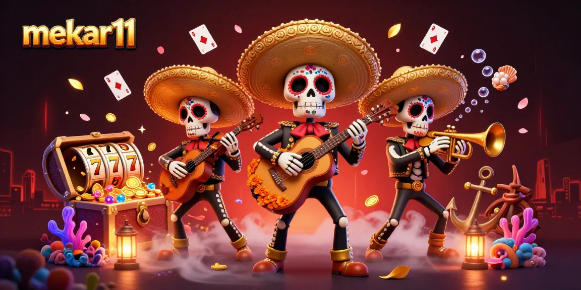 Experience thrilling wins with mekar11, featuring vibrant slot reels and a lively mariachi band.