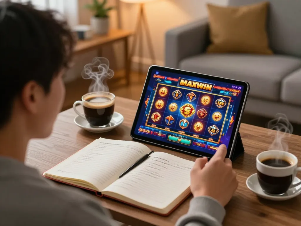 Engaging in slot gacor maxwin gaming action on a tablet with notes for bankroll management nearby.