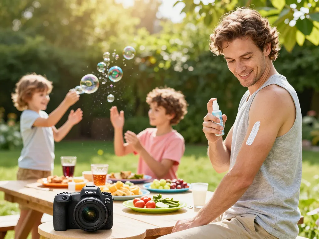 Family applying Best Mosquito Repellent during a backyard barbecue surrounded by greenery.