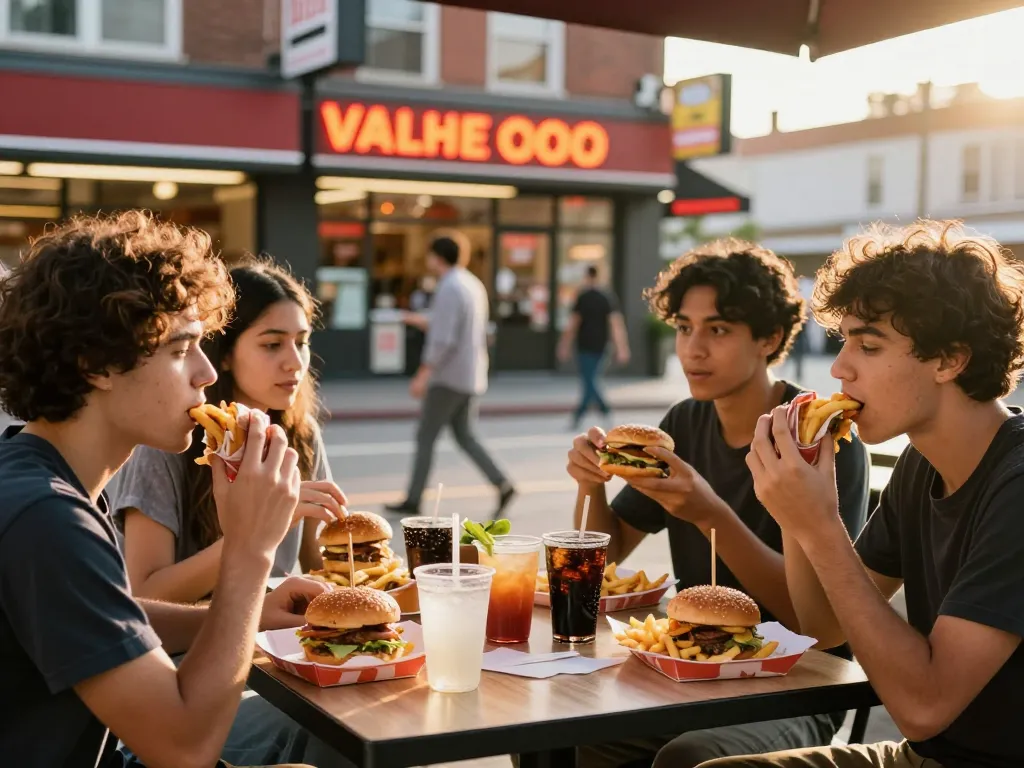 Friends enjoying fast food prices at an outdoor café with neon signs and warm sunlight.