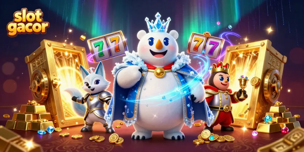 Experience slot gacor excitement with a lavish scene of treasures, characters, and vibrant energy.