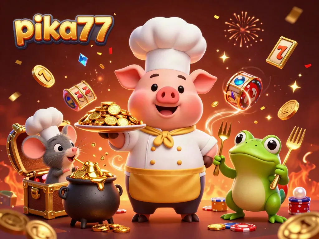 Pika77 players enjoying dynamic casino games with gold coins and vibrant slot elements.