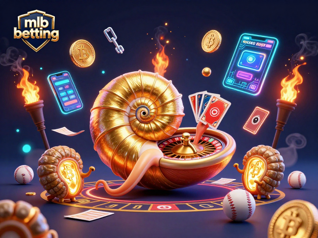 Engage in mlb betting with an illustrated 3D scene of an ancient nautilus roulette wheel and sports elements.