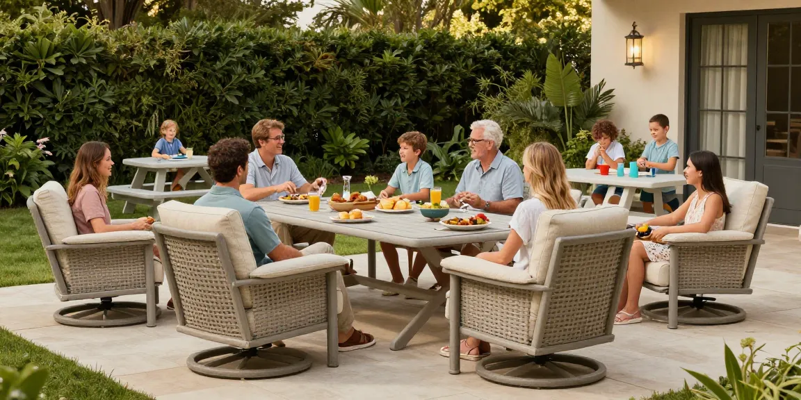 Outdoor seating furniture showcased in a family-friendly patio gathering with stylish dining and play areas.