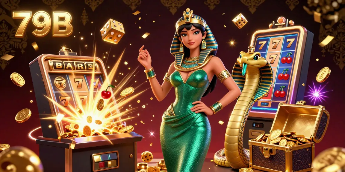 Experience thrilling wins at 79B with captivating slot machines bursting with coins and vibrant casino elements.