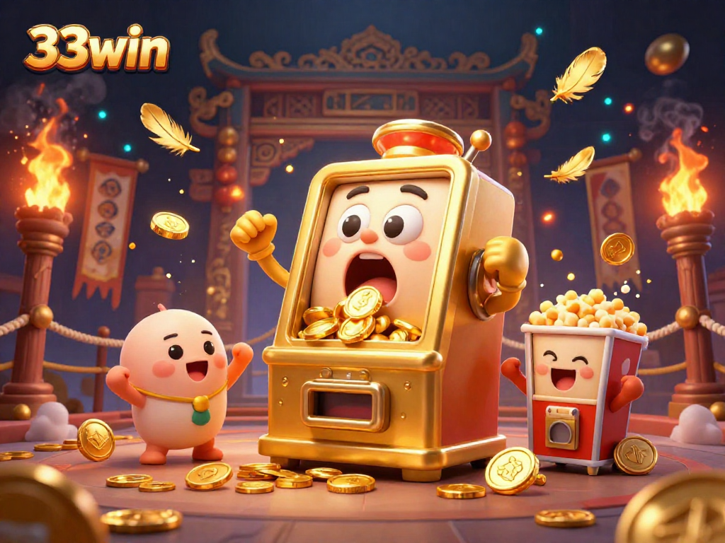 33win slot machine celebrating a jackpot with golden coins, showcasing exciting casino action.
