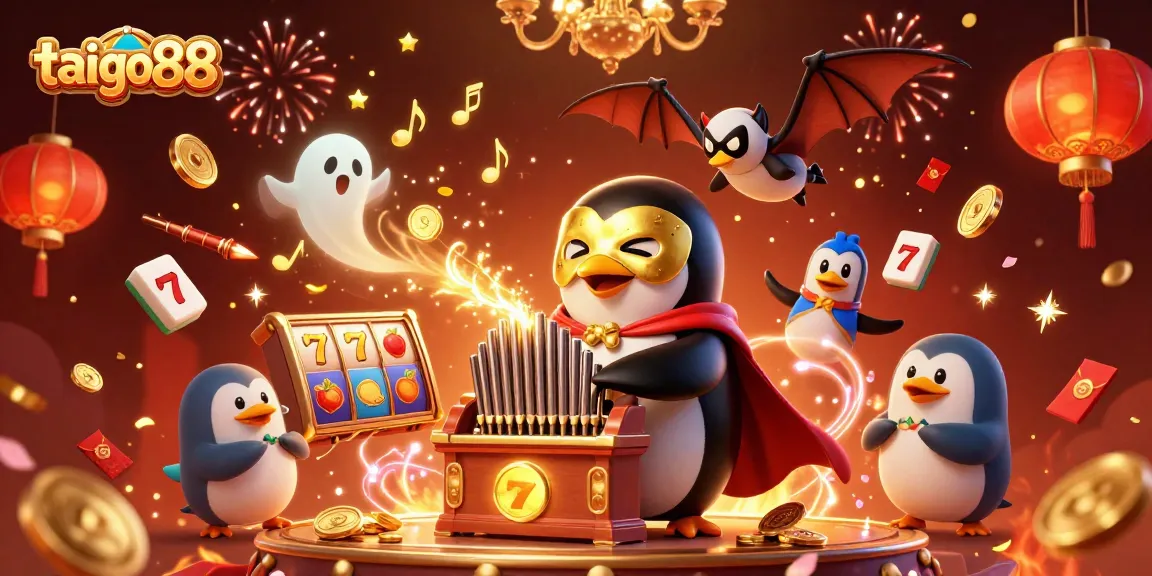 Immerse in tai go88 excitement with a lively casino scene featuring vibrant slot reels and jubilant characters.