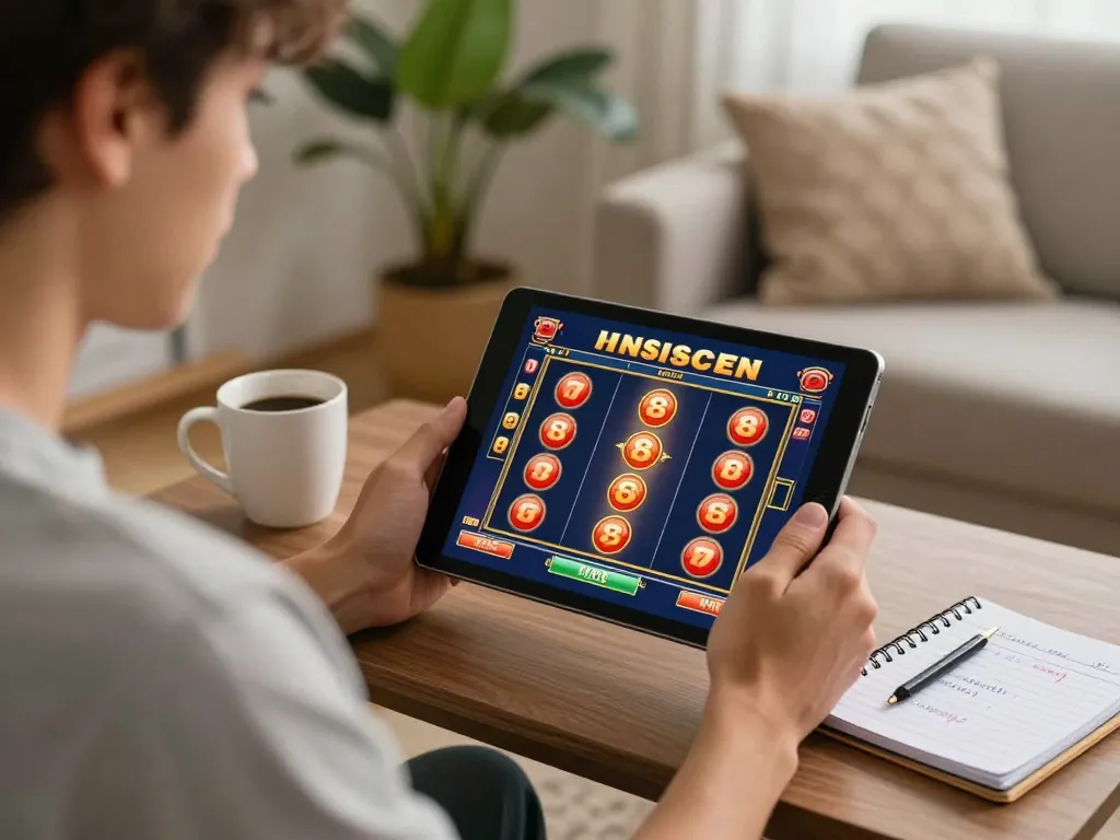 Engaging in 92slot online gaming from a cozy living room setup with tablet.