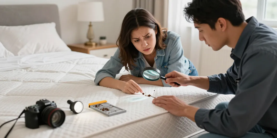 Homeowner examining for bed bug pest control in a cozy bedroom.