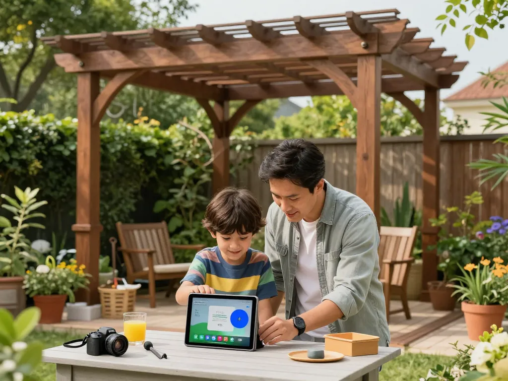 Family using the All-in-One pergola Configurator to design a custom pergola in a garden setting.