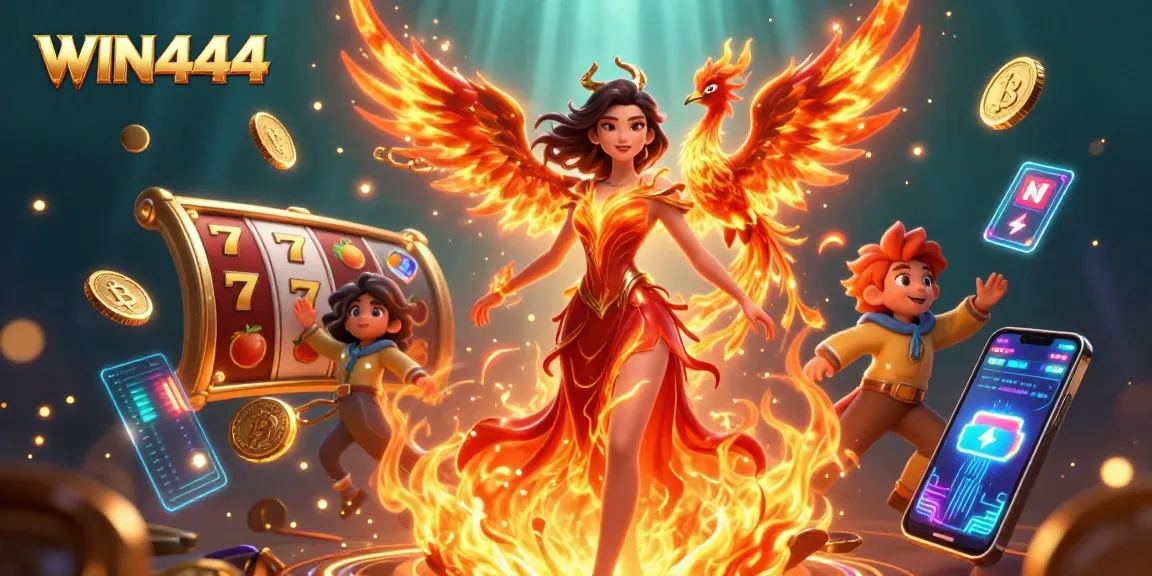 Win444 engages players with vibrant slot games illustrated in a stunning 3D scene.