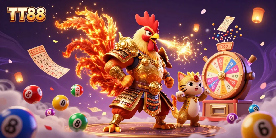 Engage in thrilling TT88 casino action with colorful elements like lottery balls and festive characters.
