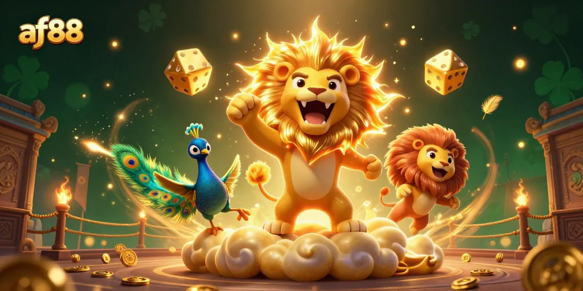 Engage with af88 in a vibrant casino scene featuring a lion and golden dice.