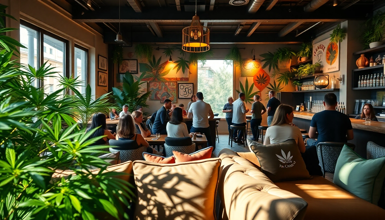 Engaged visitors enjoying the ambiance at a Cannabis Club Madrid with lush decor.