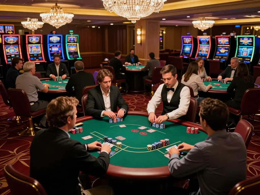Players enjoying an engaging poker session in a luxurious KJC casino atmosphere amidst ambient light.