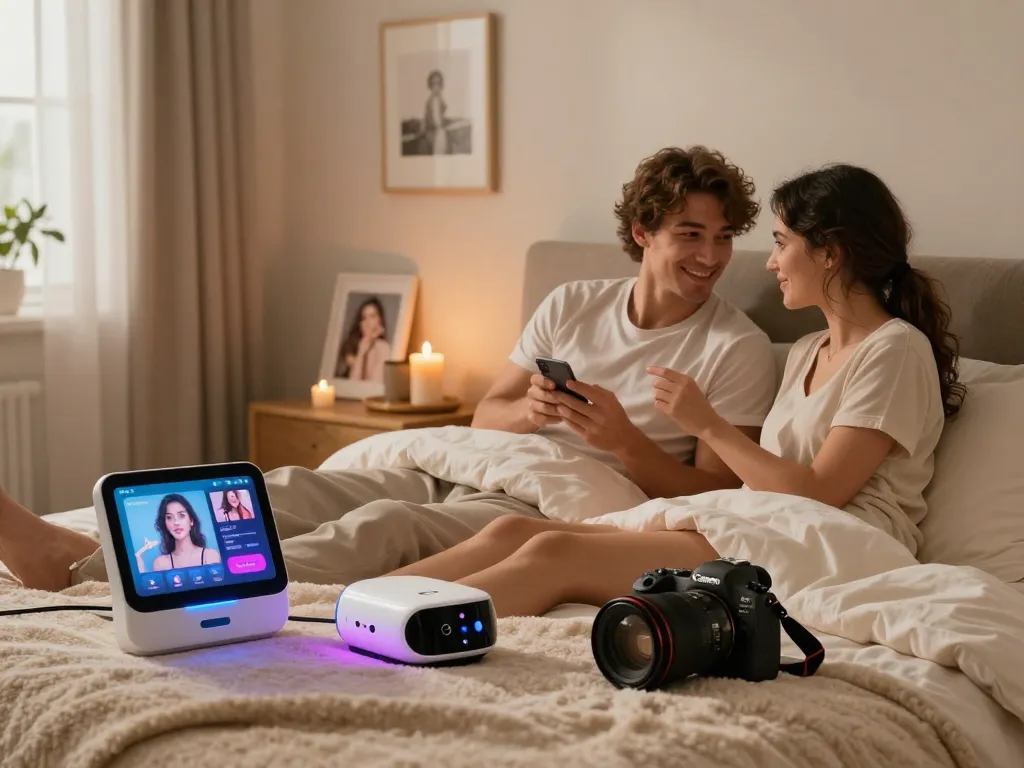 Couple exploring AI sex technology in a cozy bedroom setting with smart devices.