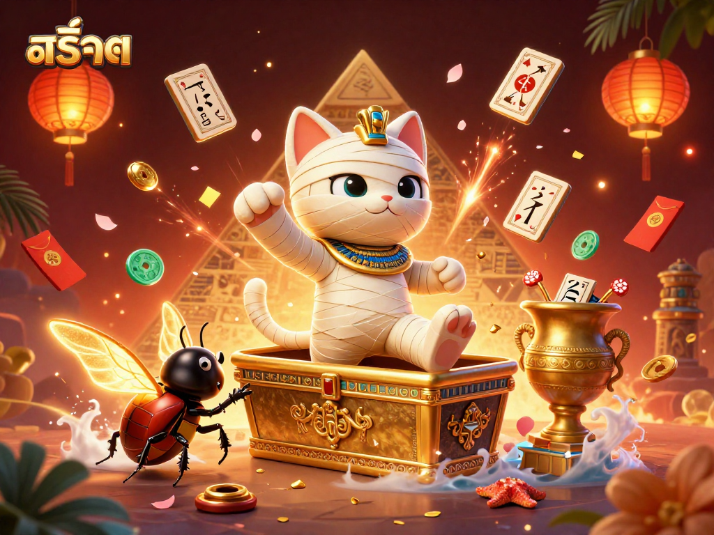 Experience the thrill of สล็อต gaming featuring a 3D Egyptian mummy cat in a vibrant casino scene.