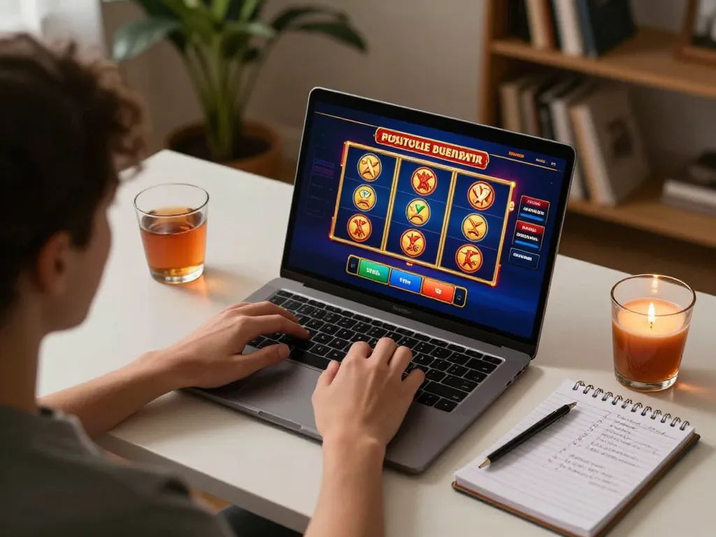 Playing engaging online slots with mdg188 on a cozy home desk during a gaming session