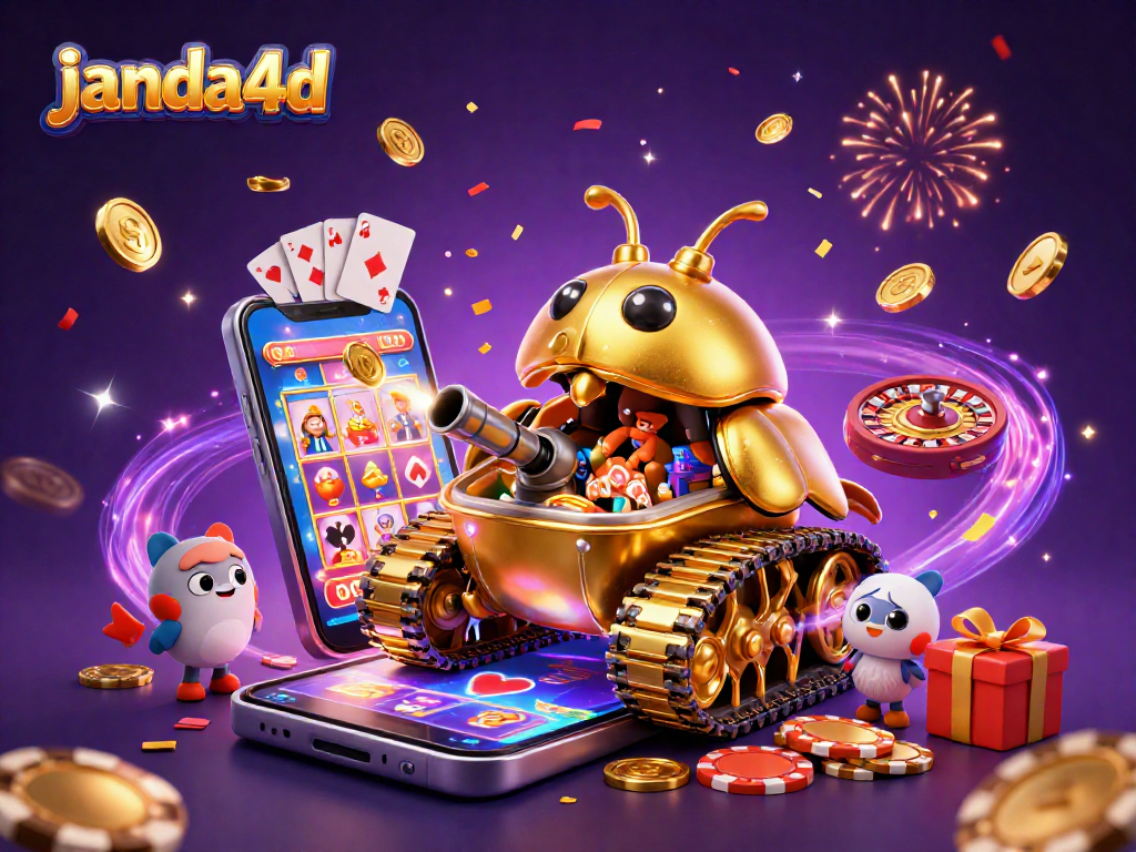 Menang besar bersama janda4d dengan mesin slot berwarna cerah yang memancarkan koin emas dan kartu bermain.