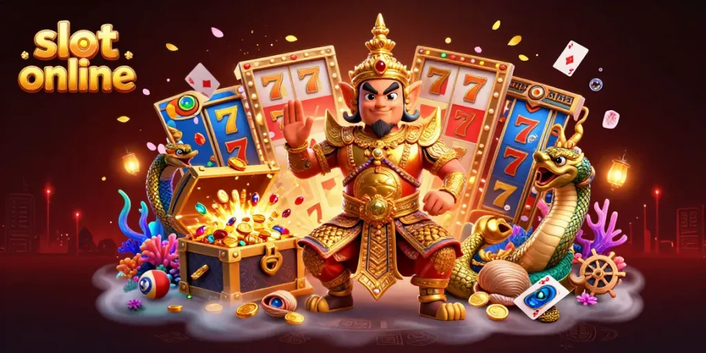 Engage in thrilling slot online adventures with a vibrant scene of a friendly guardian and magical elements.