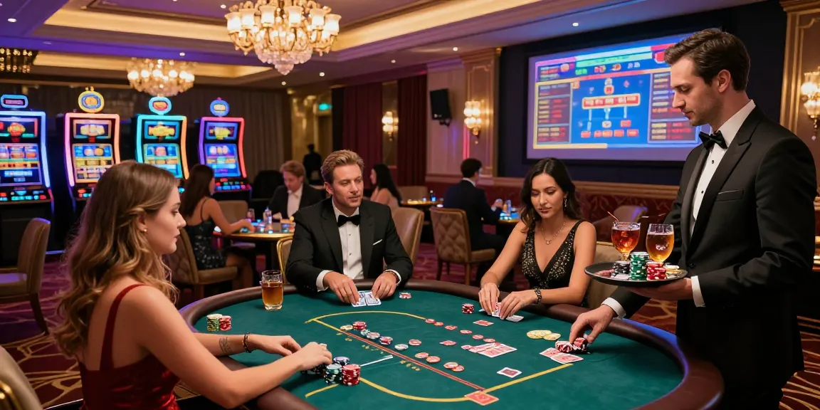 Di Luxury12, suasana kasino digital mewah dengan pemain berpakaian elegan dan meja poker glamor.