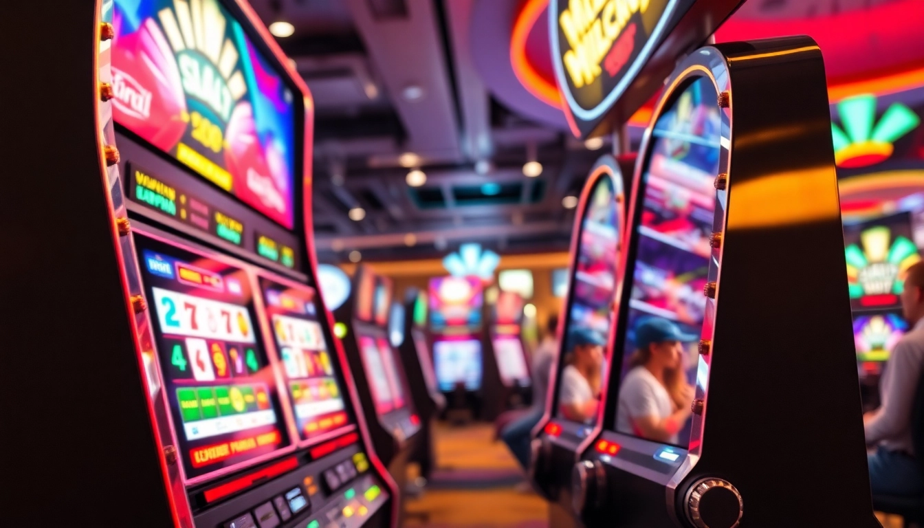 Slot777: Mesin slot yang menakjubkan dengan lampu cerah dan suasana kasino penuh kehidupan.