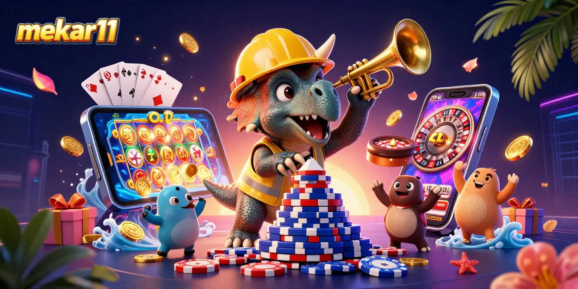 Mekar11 showcases a vibrant casino scene with animated characters celebrating a big win.
