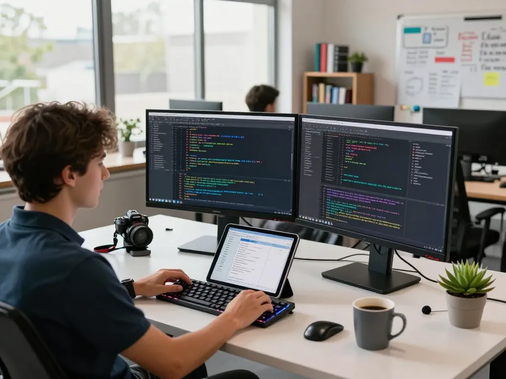 Moltbot AI showcased in a tech workspace with dual monitors for coding and project management tasks.
