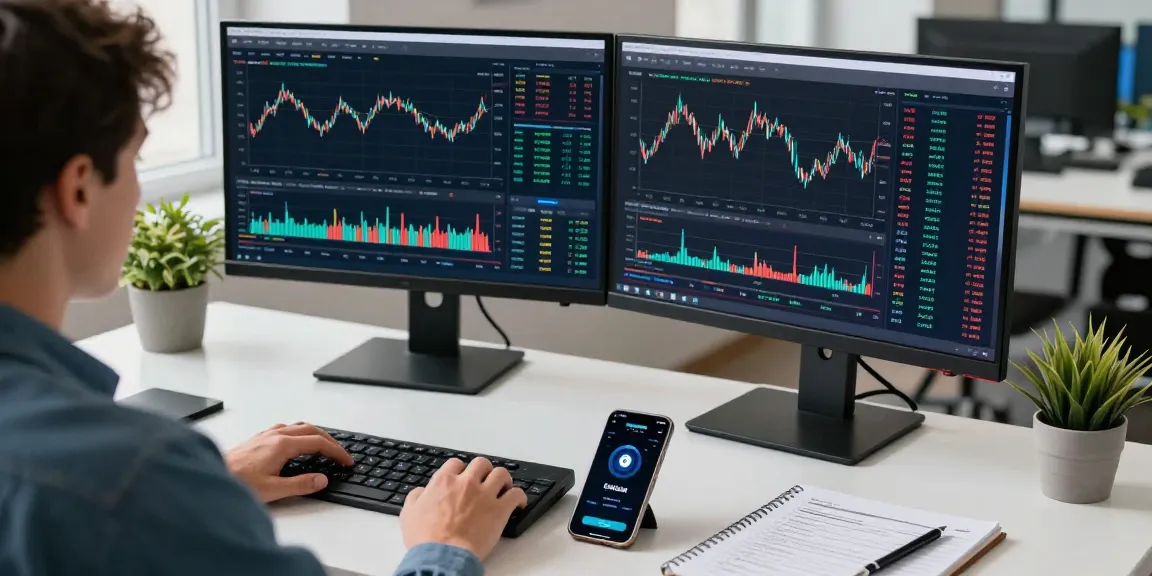Trusted cloud mining company workspace with cryptocurrency TradingView charts and hardware wallet on desk.