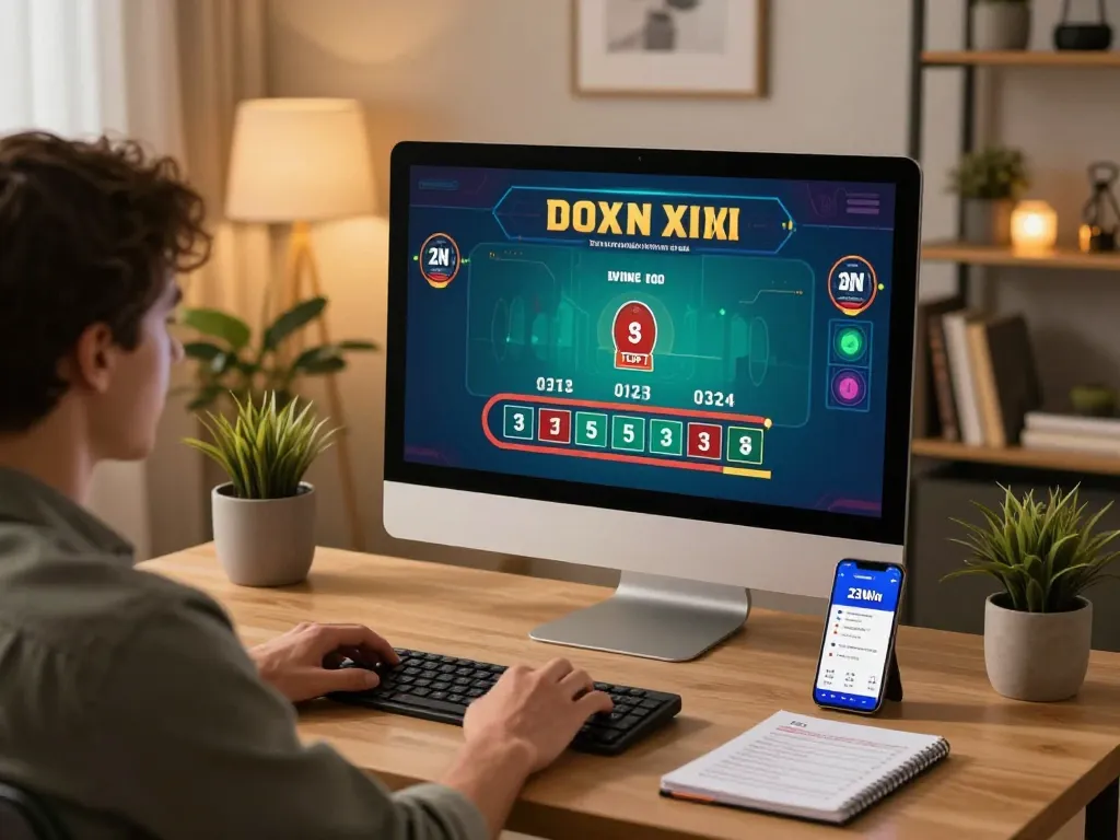 Engaging live dealer blackjack gaming on 23win com with a focused player in a stylish home office.