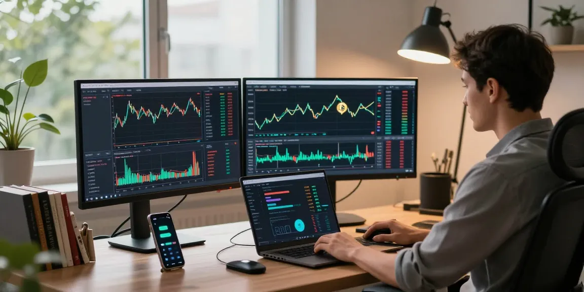 cloud mining service in a professional cryptocurrency trading setup with monitors and wallet features