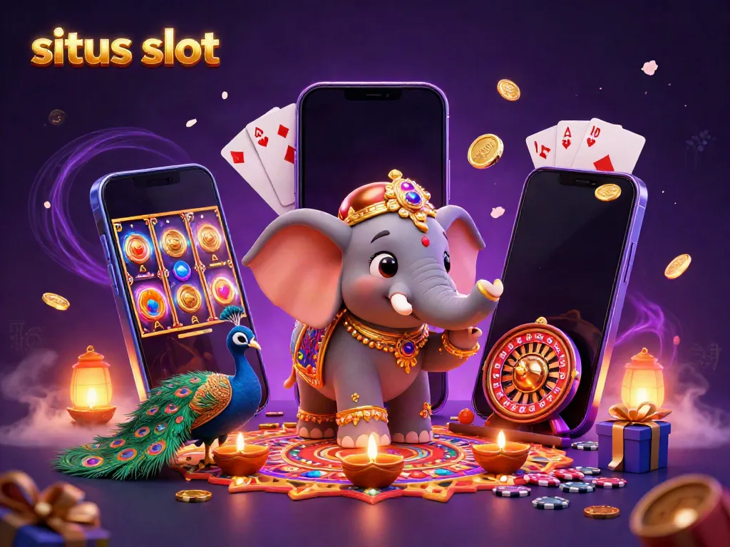 Gambar situs slot menampilkan gajah dan burung merak di permainan kasino bertema Diwali.