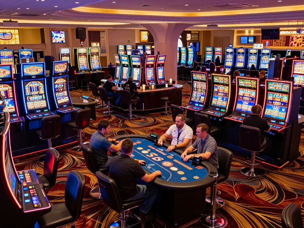 The best widget store features guests enjoying action-packed gameplay at slot machines in a dazzling casino.
