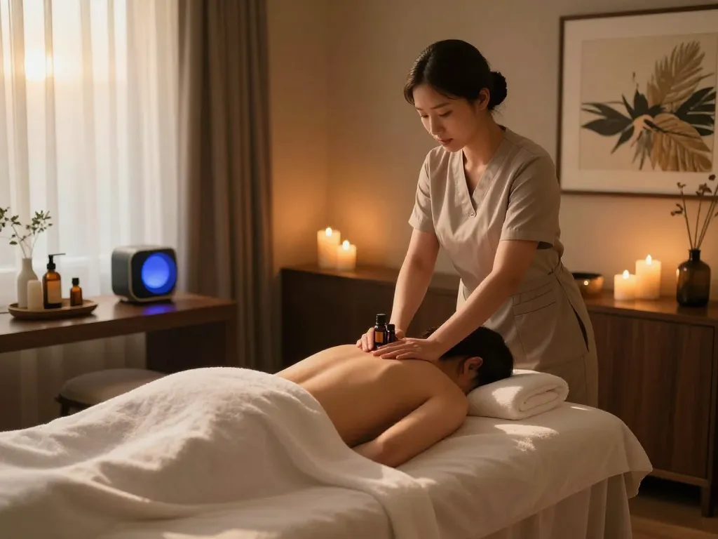 부천출장마사지 in a serene hotel room prepared for a rejuvenating massage experience.