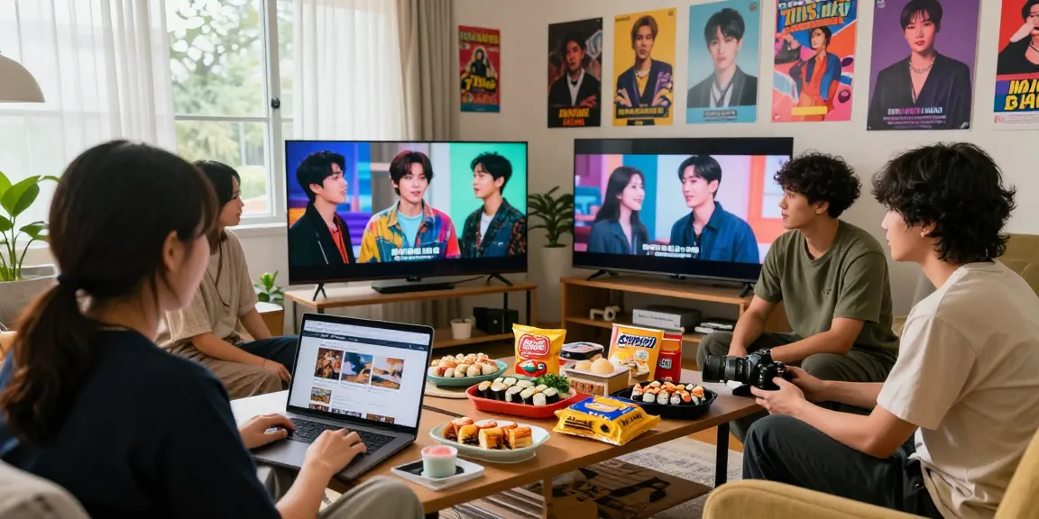 Engaging scene with friends exploring https://hanadultalk.com, enjoying Asian culture and cuisine in a cozy setting.
