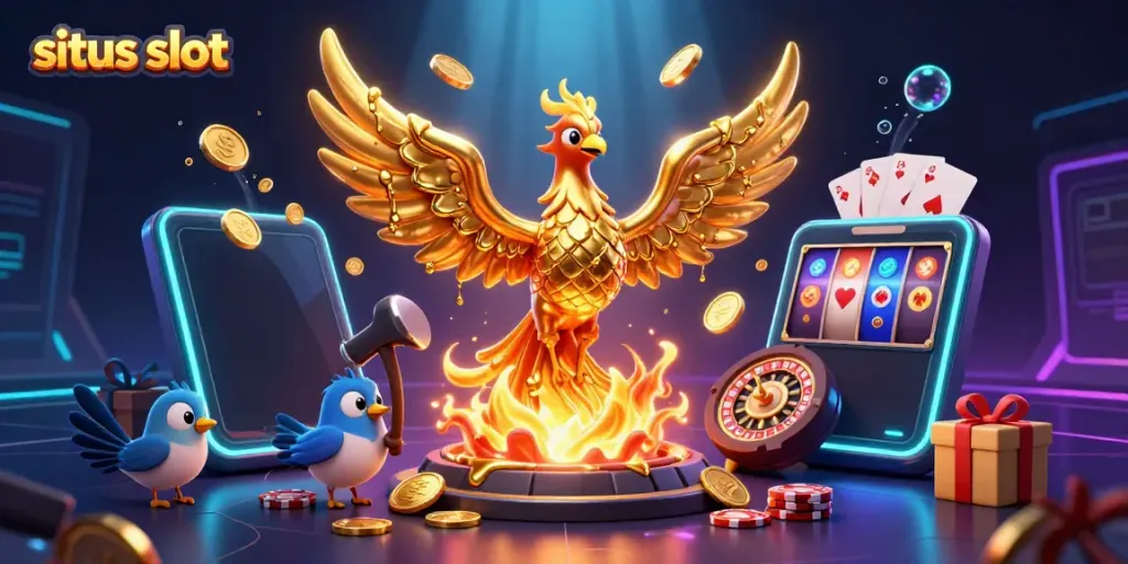 Menggali situs slot dengan ilustrasi 3D angsa emas yang hadir dari pengecoran logam dan koin mengalir dari ponsel permainan