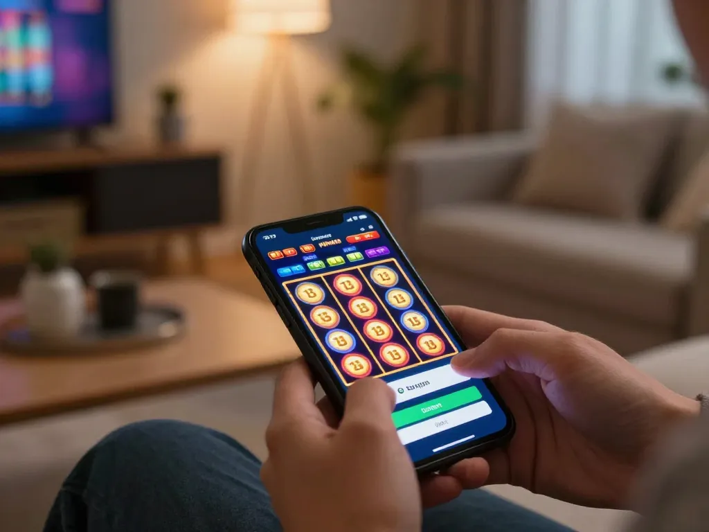 Engaging in exciting slot games with a deposit 1000 option on a mobile device in a stylish living room