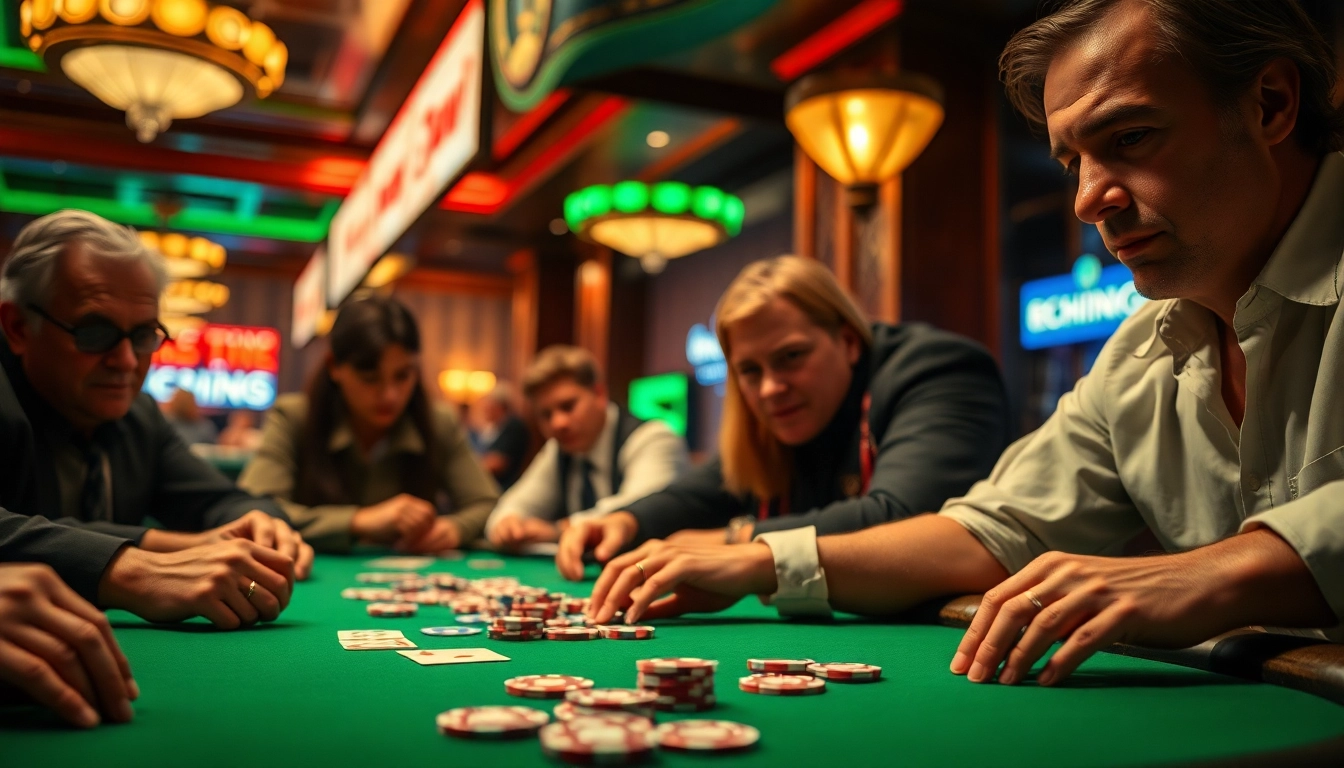 Menggambarkan permainan poker di kasino, di mana ondel4d menjadi pusat perhatian dengan kerumunan yang bersemangat.