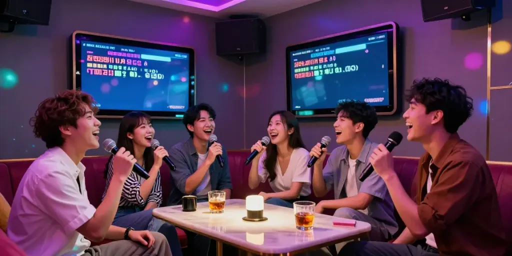 도파민 가라오케에서 친구들과 함께 즐거운 시간을 보내는 모습