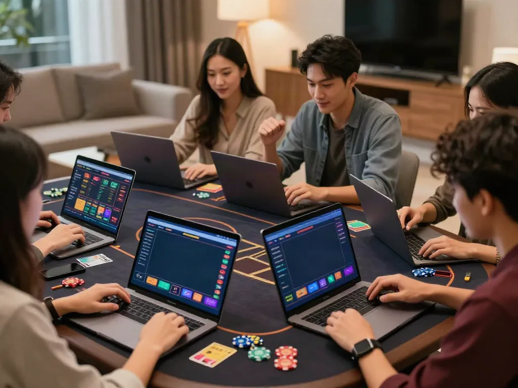 Pengalaman perjudian online di https://totobet.net/ dengan pengguna berinteraksi di ruang tamu yang modern.