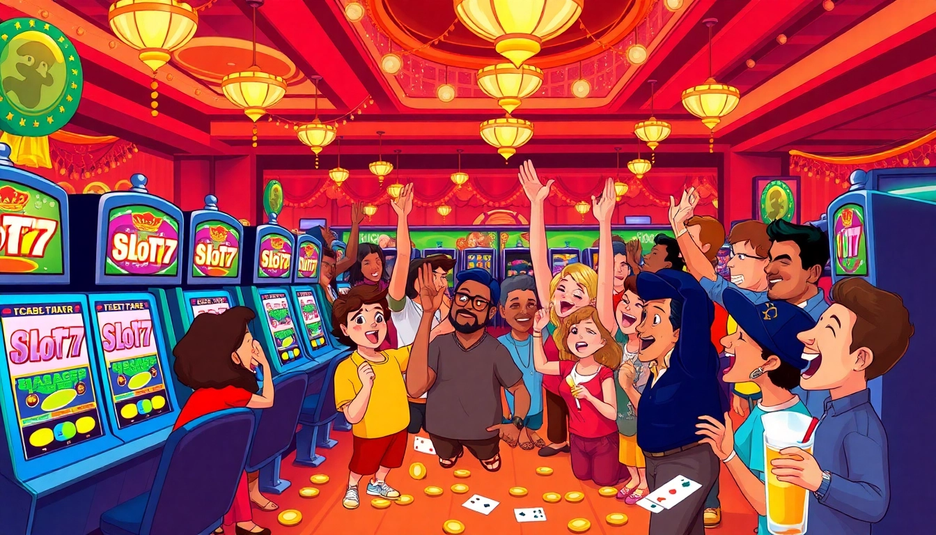 Merayakan kemenangan di Slot77 dengan suasana kasino yang meriah