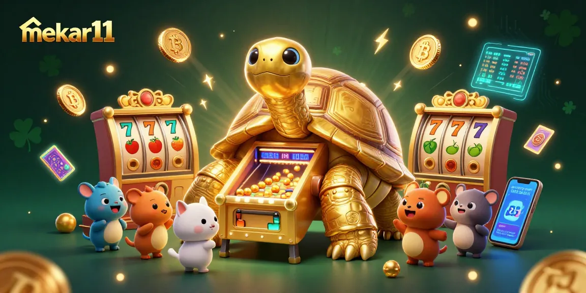 Experience thrilling jackpots at mekar11 with cartoon tortoise and slot machines in action